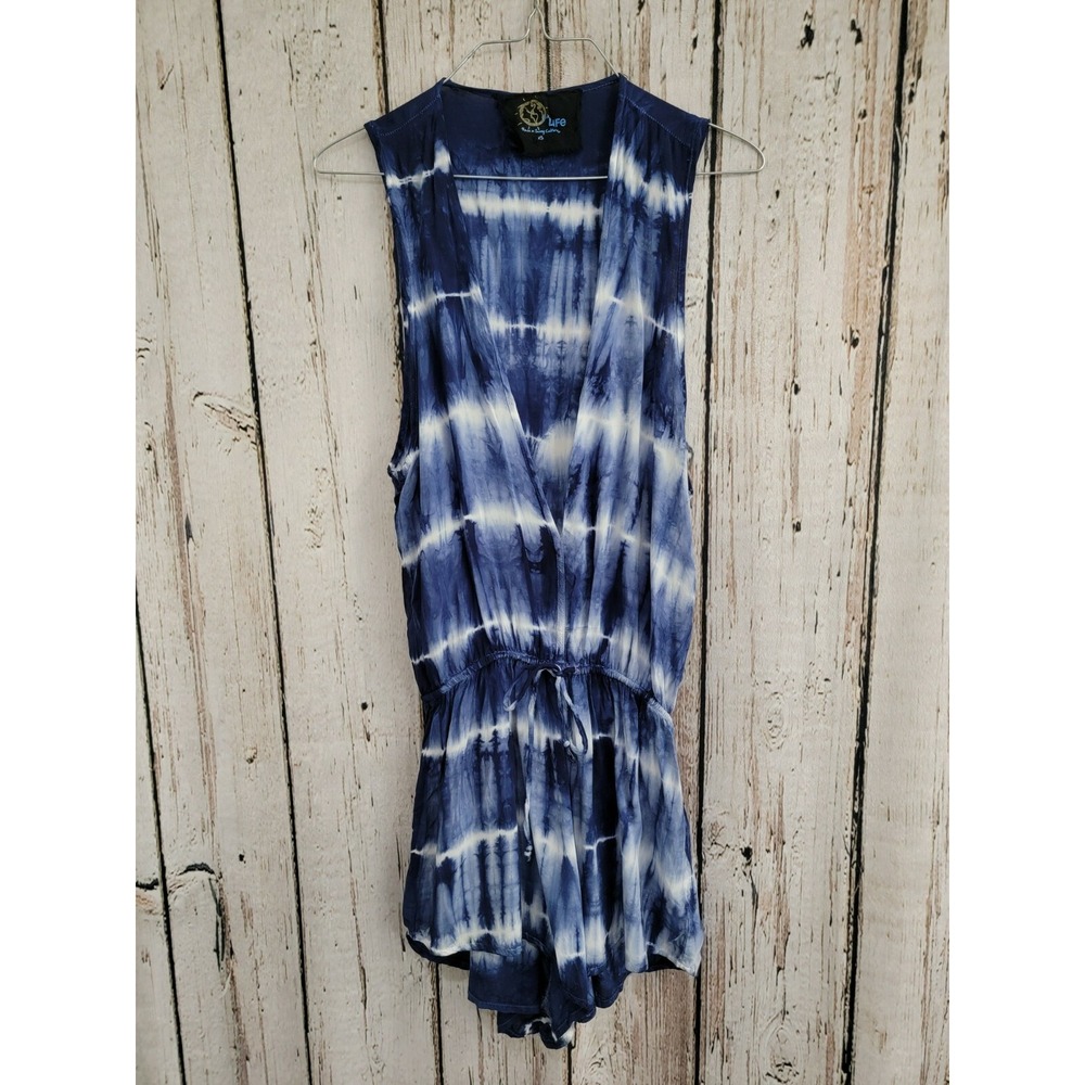 Blue Life Womens XS Deep V Sleeveless Blue White Tie-Dye Romper‎ Jumpsuit EUC